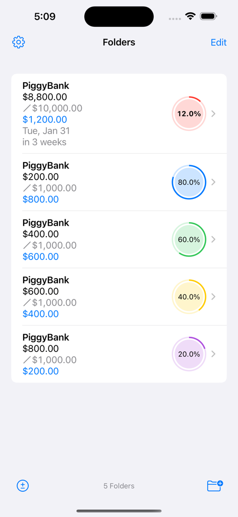Savings app screen displaying multiple folders with goal progress and colorful achievement circles