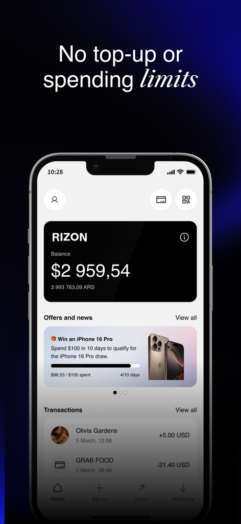 Panel de control de la aplicación RIZON en iPhone mostrando un saldo de 2959 dólares estadounidenses y transacciones recientes con un titular sobre límites de gasto nulos.