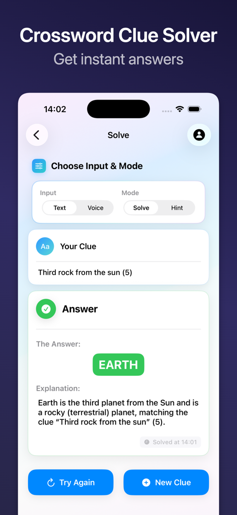 Crossword Clue Solver: Crossy - Crossy mobile app interface showing a solved crossword clue and AI explanation