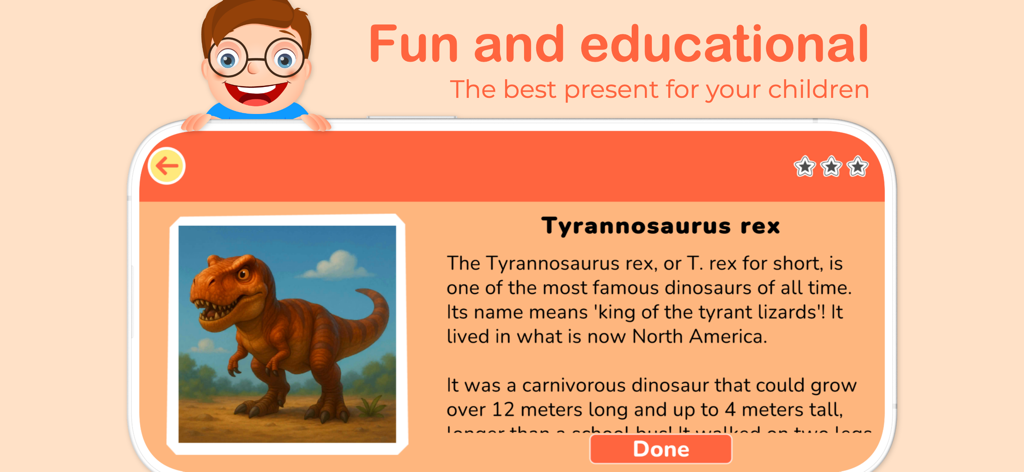 I Read: Reading Comprehension - Screen of the I Read app featuring a reading comprehension lesson about a Tyrannosaurus rex with an illustration.
