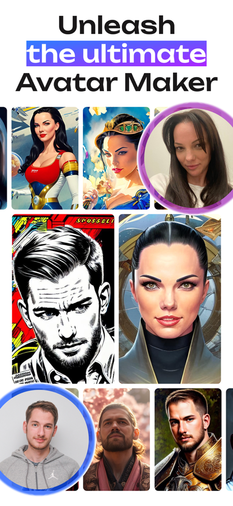 Avatarro - AI Art Avatar Maker - Various AI art avatars created from selfies showing different artistic styles.
