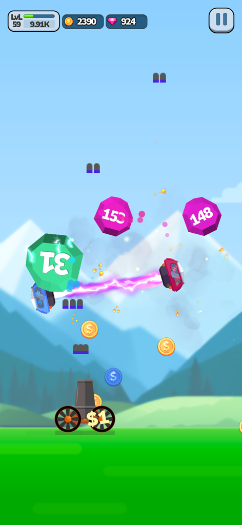 A mobile game screenshot showing a cannon shooting at numbered blocks with active drones and falling rewards.