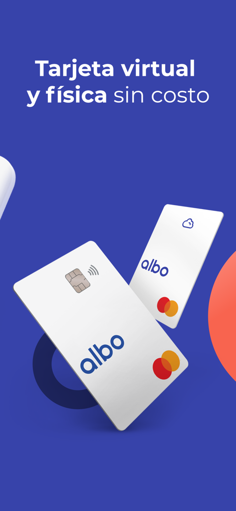 albo - Tu dinero, más tuyo - Interfaz de la app de Albo mostrando tarjetas de débito Mastercard virtuales y físicas gratuitas
