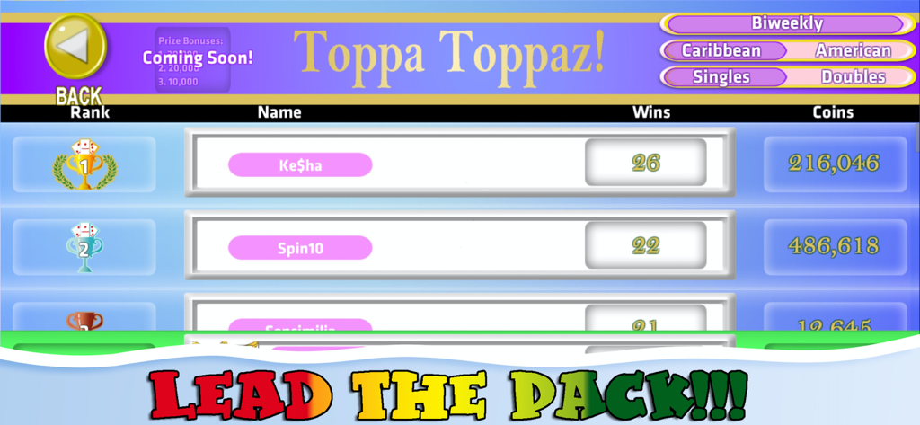 Toppa Toppaz leaderboard screen showing player rankings wins and coin counts