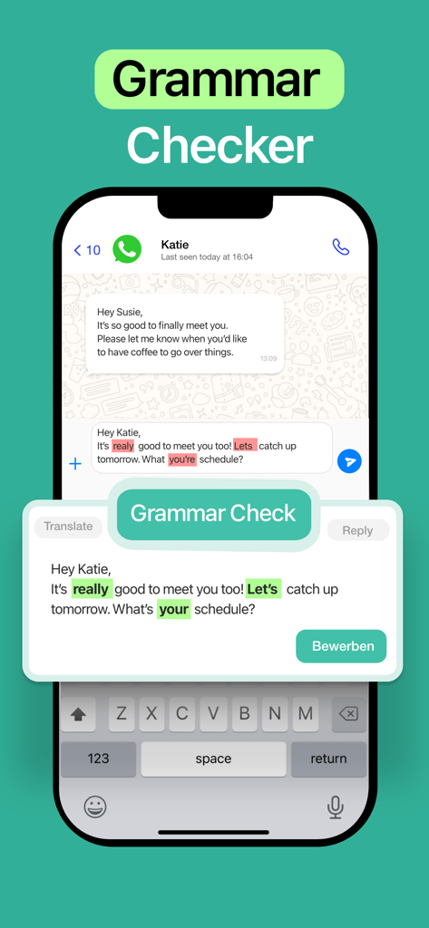 AI Keyboard - Orki - A screenshot showing the AI Keyboard Orki correcting spelling and grammar errors in a messaging app chat.
