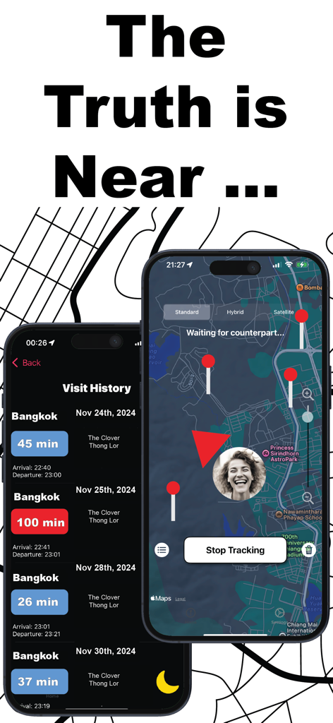 Cheater Tracker app interface showing a detailed visit log with timestamps and a live location tracking map.