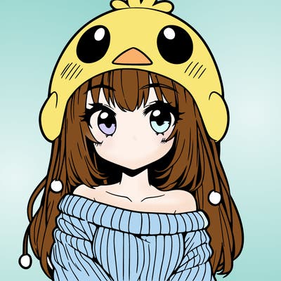 anime girl with chick shaped hat with sweater with bare shoulders with bangs covering them one eye with low tail