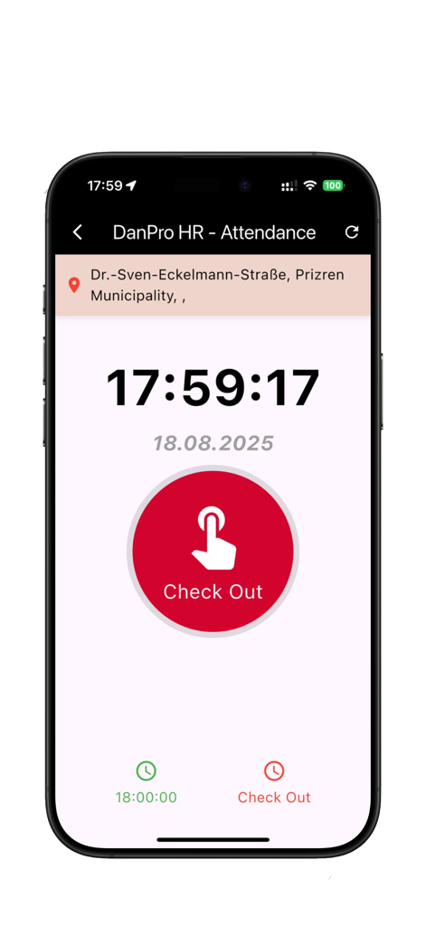 DanPro HR mobile app interface showing GPS-based check out screen with location and time tracking.