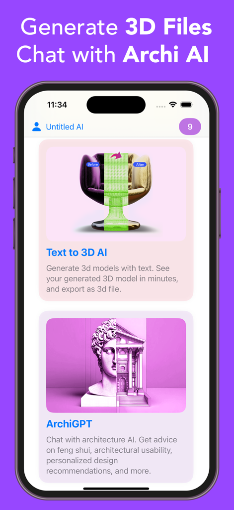 Luw AI - AI Home Design - Interface of Luw AI app displaying text to 3D model generation and ArchiGPT architecture chat.
