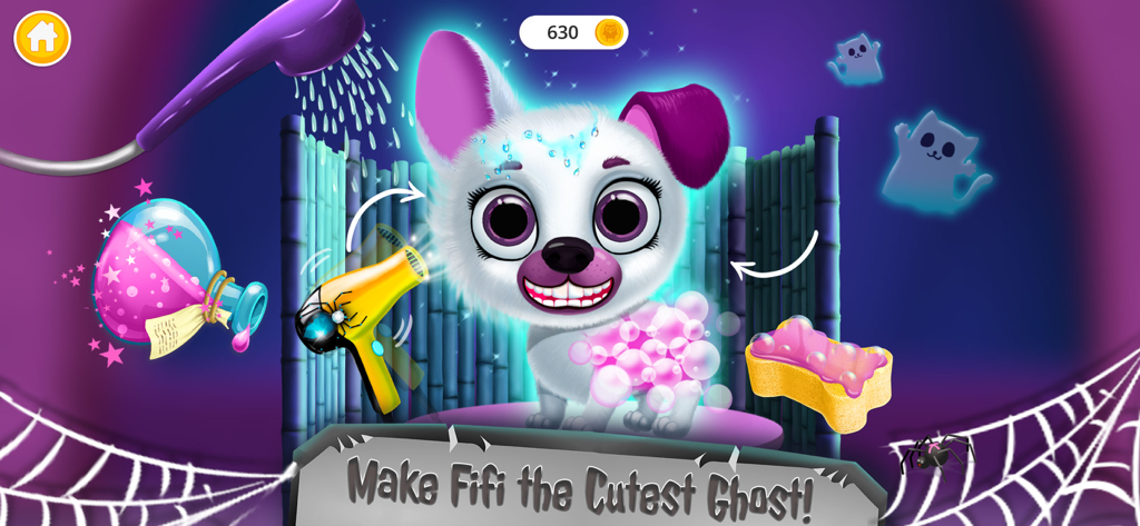 Kiki & Fifi Halloween Makeover - Fifi the puppy receiving a spooky makeover in a Halloween pet salon