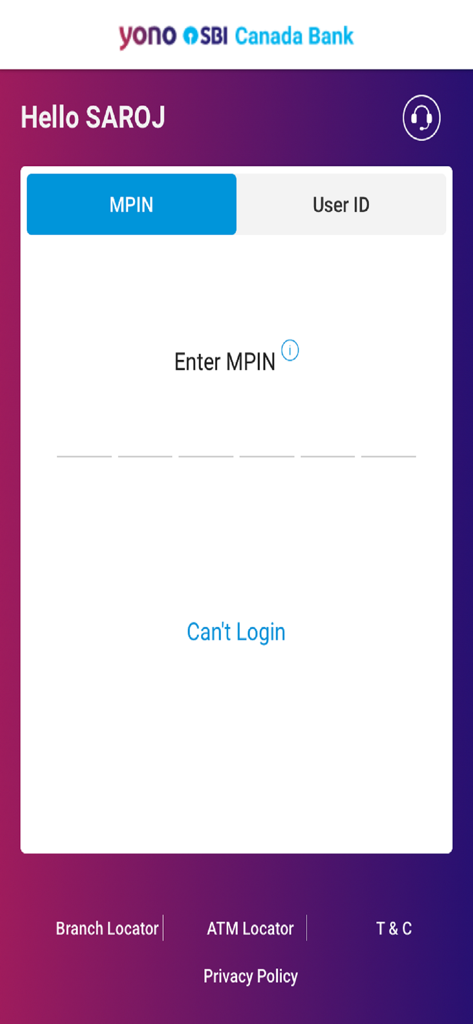 YONO SBI Canada - Login screen of YONO SBI Canada mobile banking app showing the MPIN entry interface