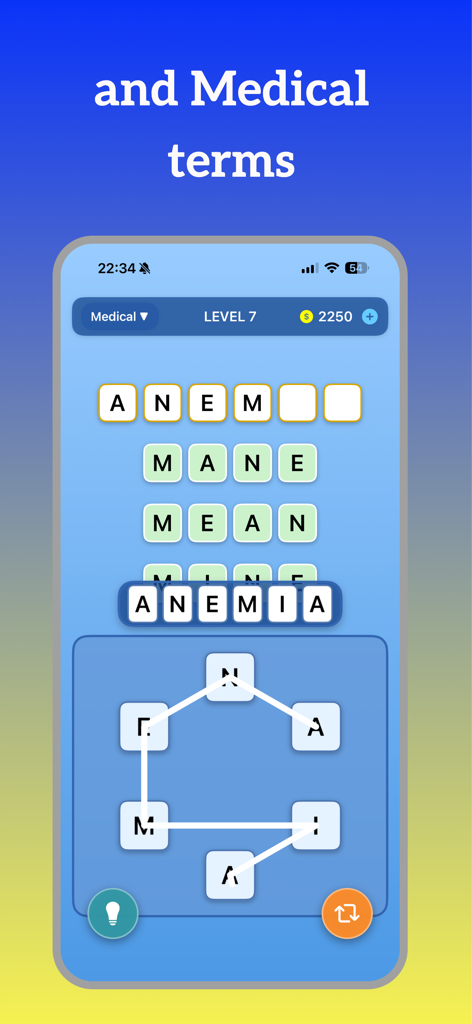 Interface do jogo móvel Word Chips mostrando um quebra-cabeça de terminologia médica onde o usuário conecta letras para formar a palavra anemia