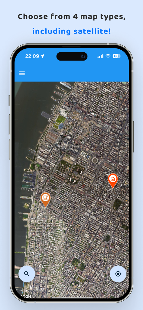 Visão de mapa de satélite com pins de localização personalizados no aplicativo MyMap