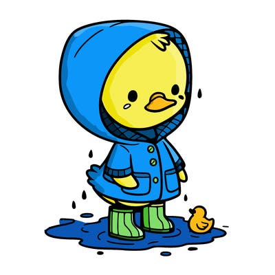 baby duck in a rain coat and boots, in a puddle while it’s raining