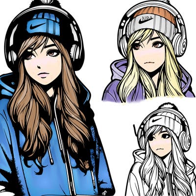 realistic girl wearing headphones, a hoodie, a beanie, and nikes