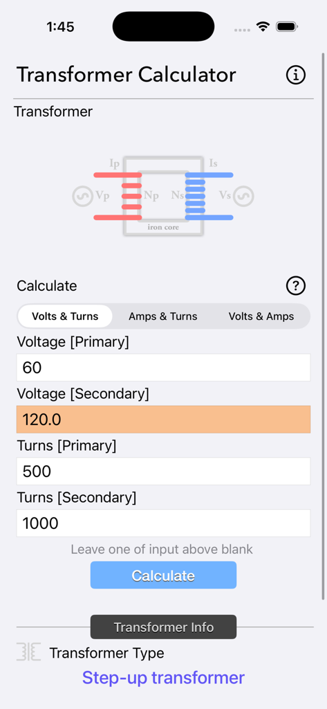 User interface of Transformer Calculator Plus showing a voltage and turns calculation for a step-up transformer