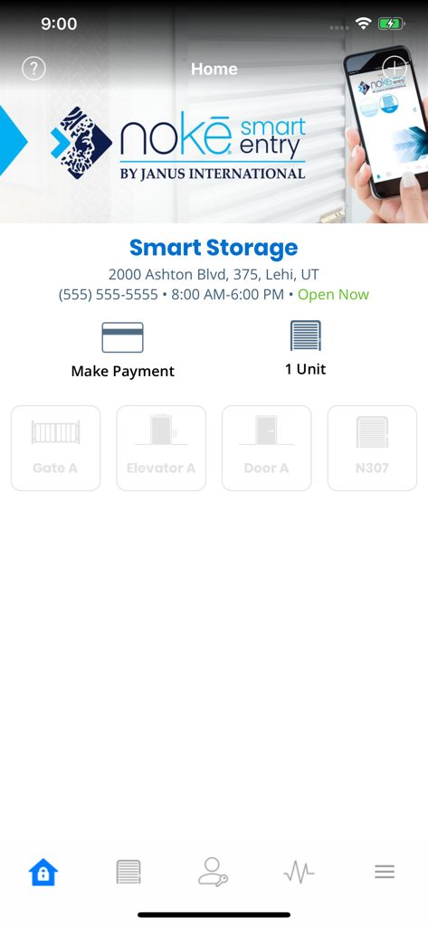Storage Smart Entry by Nokē - Dashboard of the Storage Smart Entry by Noke app showing unit access controls and payment options