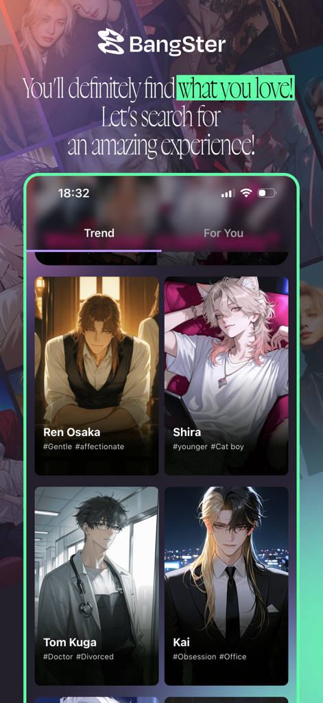 A selection of trending anime style AI boyfriend characters in the BangSter app interface