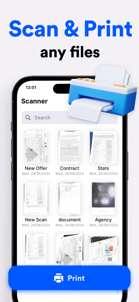 PDF Scanner: Scan Document - Interface de um aplicativo móvel exibindo uma lista de documentos digitalizados com um botão de impressão proeminente e o título "digitalizar e imprimir"