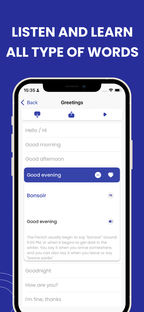 Learn French -Travel in France - Mobile app screen showing French greetings and translations for travelers