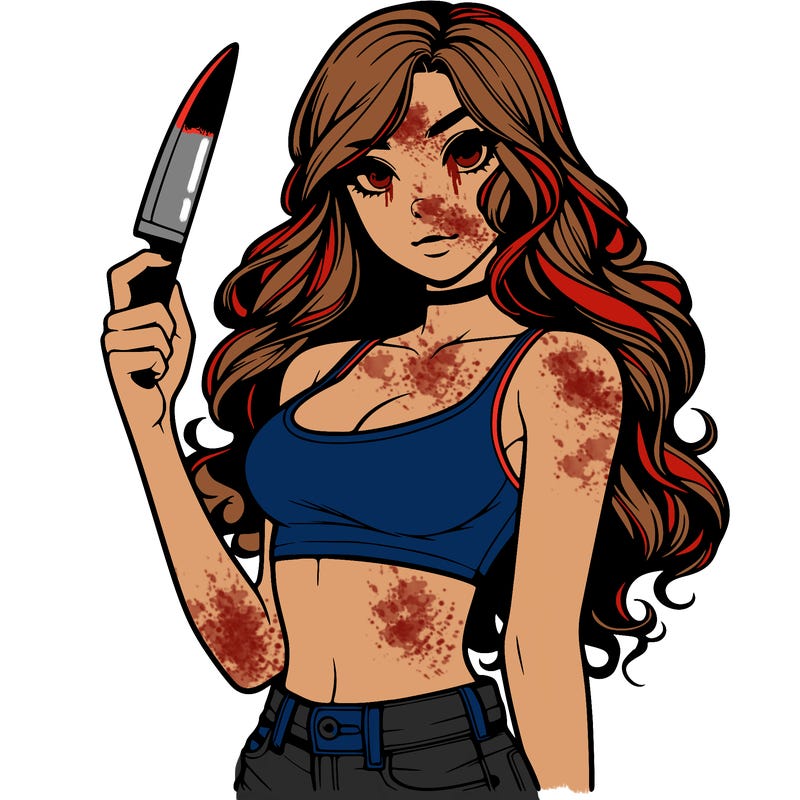 realistic girl with crop top with long wavy hair and shorts holding a knife