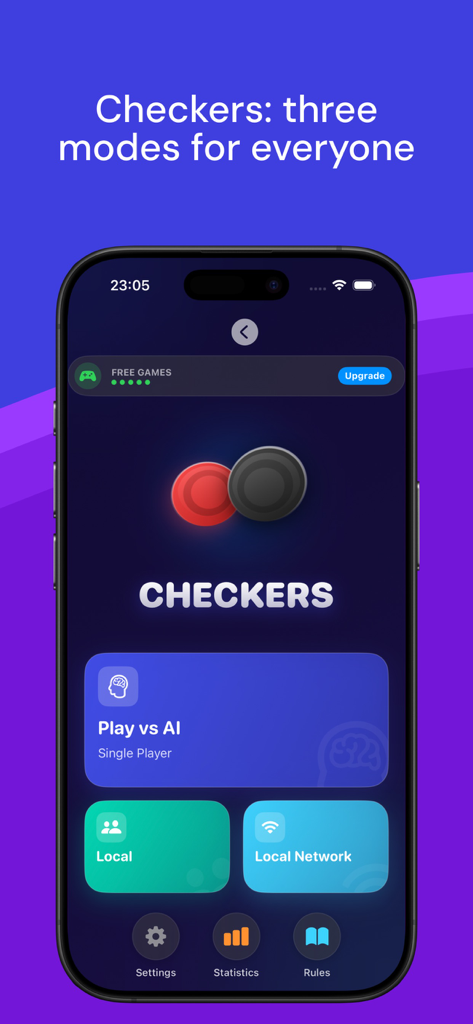 Chess & Checkers: Duo Games - Menú del juego de Damas mostrando opciones para juego con IA, multijugador local y juegos de red local en un smartphone