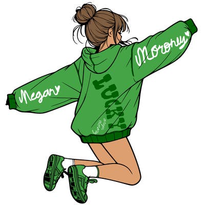 realistic girl jumping with a bun and oversized sweatshirt