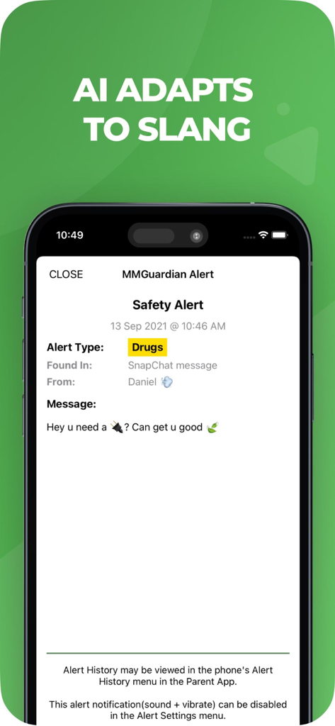 MMGuardian Parental Control - Interface d'alerte de sécurité MMGuardian montrant la détection par IA d'un argot lié à la drogue dans un message Snapchat