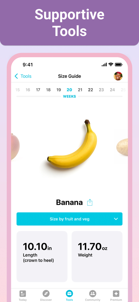 Pregnancy + | Tracker App - Pregnancy Plus app screen showing a baby size comparison to a banana at 20 weeks