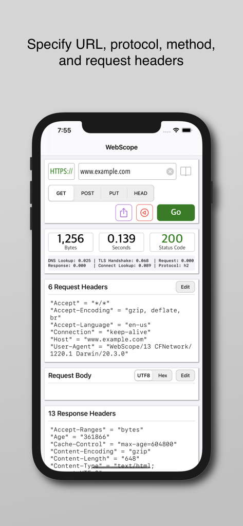 WebScope app screenshot showing HTTP request header inspection and configuration on a mobile device