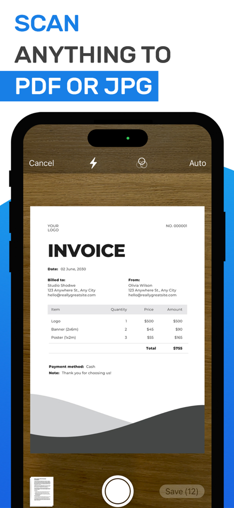 iPhone-Bildschirm, der die PDF Scanner-App beim Scannen einer professionellen Rechnung zeigt