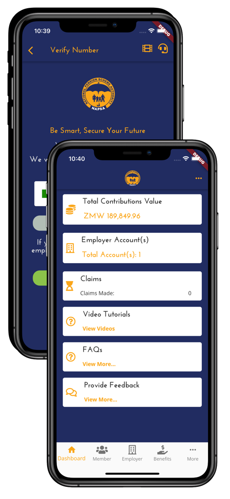 NAPSA Mobile - Interface of the NAPSA Mobile app showing the user dashboard with total contributions value