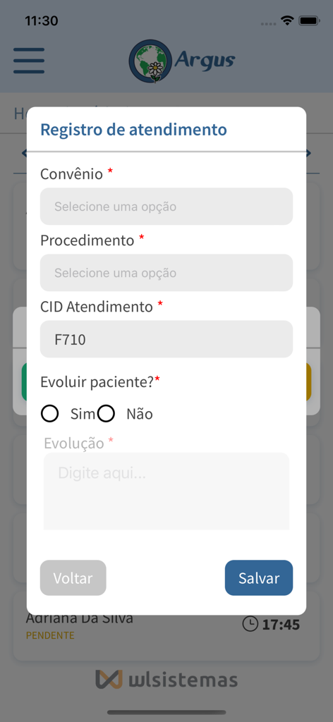 Argus - Interface of the Argus app showing a clinical service record form for documenting therapy sessions and patient progress.