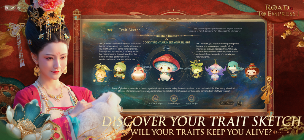 Road to Empress I - Trait sketch feature in Road to Empress I showing character personality analysis and a woman in traditional dress