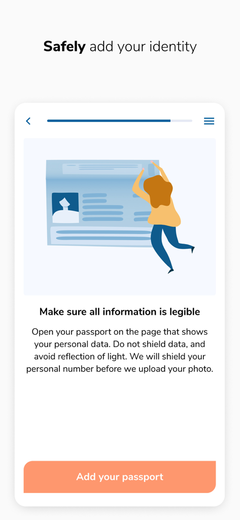 Vidua - Vidua app screen showing instructions for safely adding a passport for digital identity verification with a person holding an ID illustration and an Add your passport button