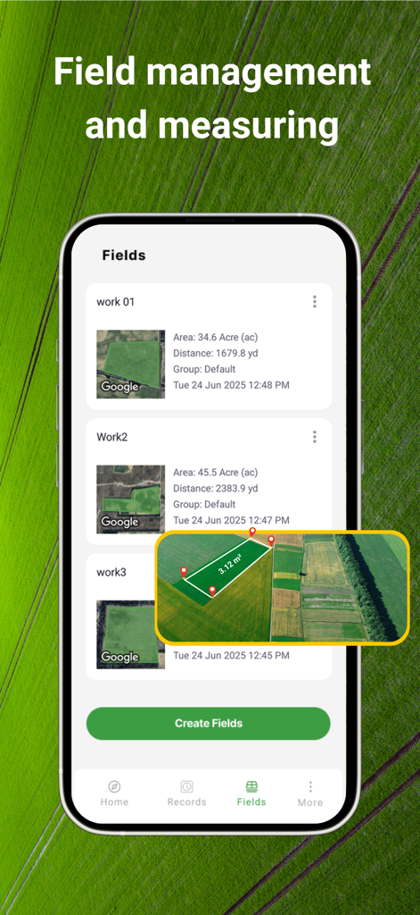 Tractor GPS : Field Navigator - A mobile app screen showing field management and acreage measuring tools for agriculture GPS guidance