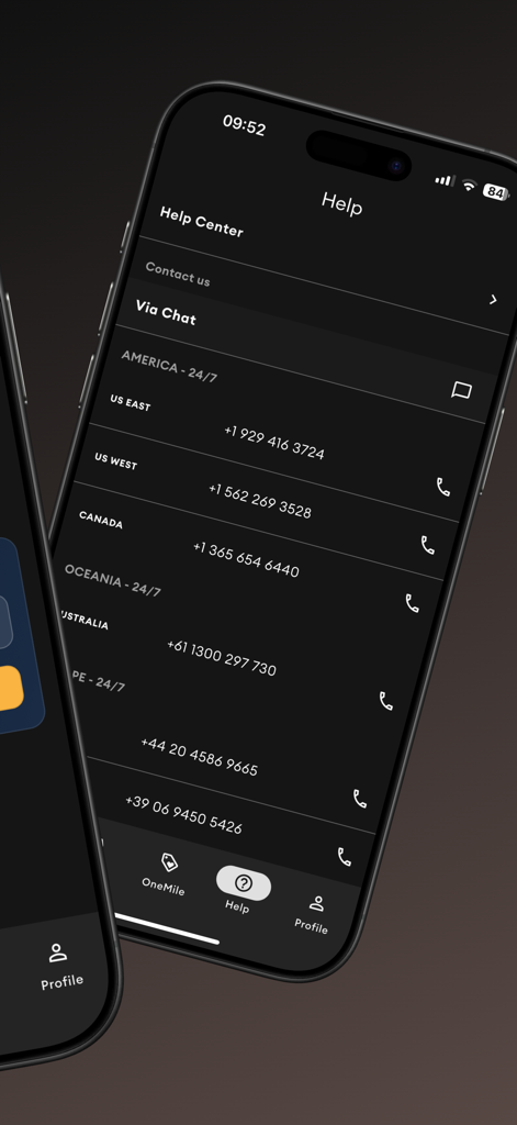Transfeero app help center screen showing customer support phone numbers for multiple regions and a live chat option