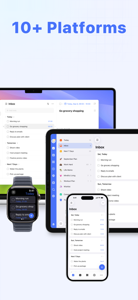 TickTick 앱은 노트북, 태블릿, 스마트폰, 스마트워치를 포함한 여러 장치에서 작업 동기화를 보여줍니다.