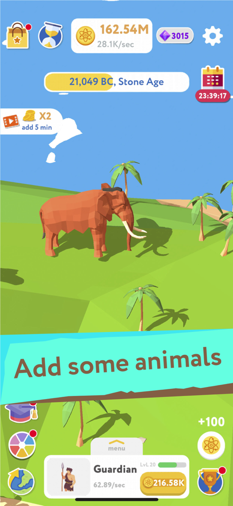 Idle Evolution Tycoon Clicker - A low-poly mammoth in a grassy Stone Age environment from the Idle Evolution Tycoon game