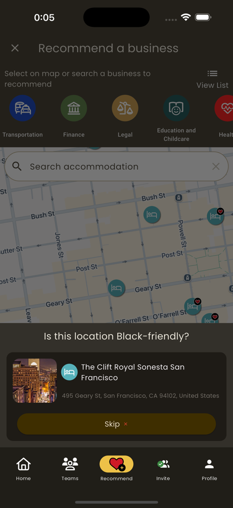 I Love Black People SafePlaces - Interfaz de la aplicación para recomendar negocios amigables con los negros en un mapa.