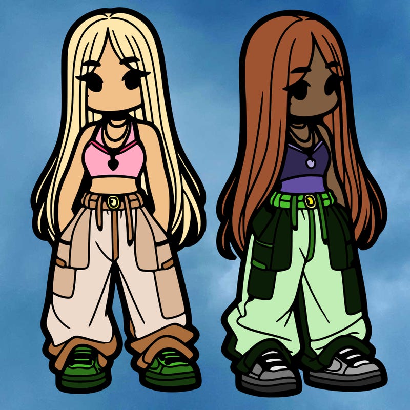 girl in baggy pants crop top and long hair