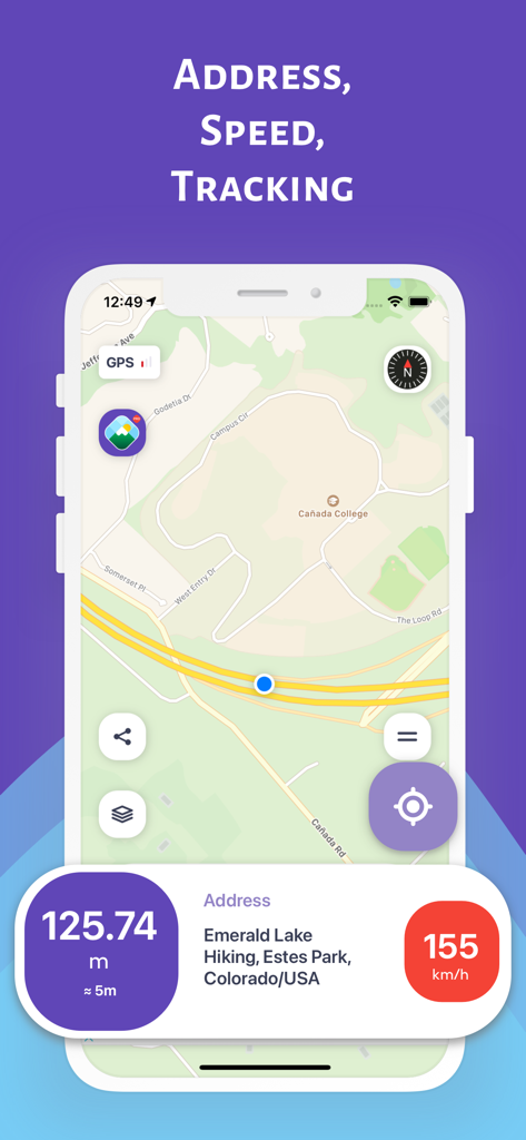 Altimeter Pro: Compass, GPS - Altimeter Pro app interface showing map tracking with altitude speed and location address