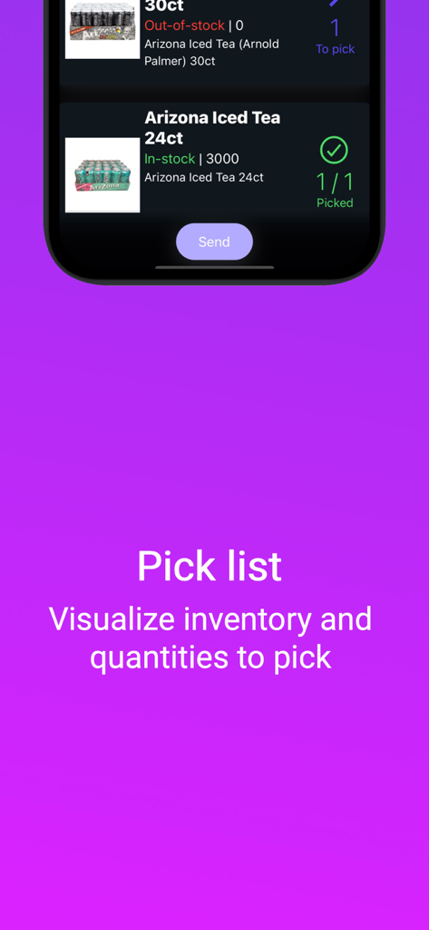 inSitu Inventory - Mobile Benutzeroberfläche der inSitu Inventory App, die eine digitale Kommissionierliste zur Verfolgung des Lagerbestands mit Mengen und Lagerstatus zeigt