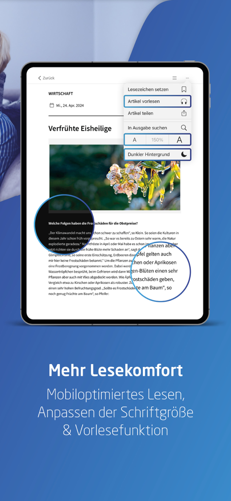 iPad, das einen Zeitungsartikel in der Echo E-Paper App mit Optionen für Schriftgröße und Audiowiedergabe anzeigt