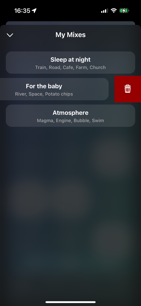 Lull - White Noise For Sleep - Un elenco di mix sonori personalizzati salvati con rumore bianco nell'interfaccia dell'app Lull.