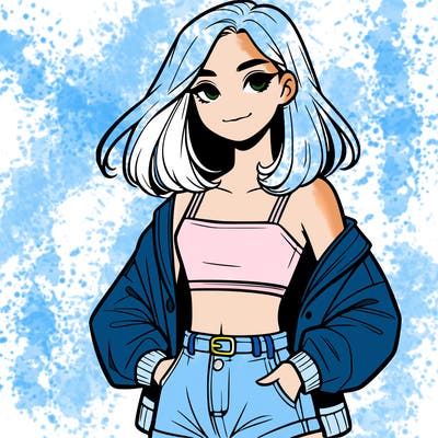 a realistic girl with a crop top and short shorts in an open jacket