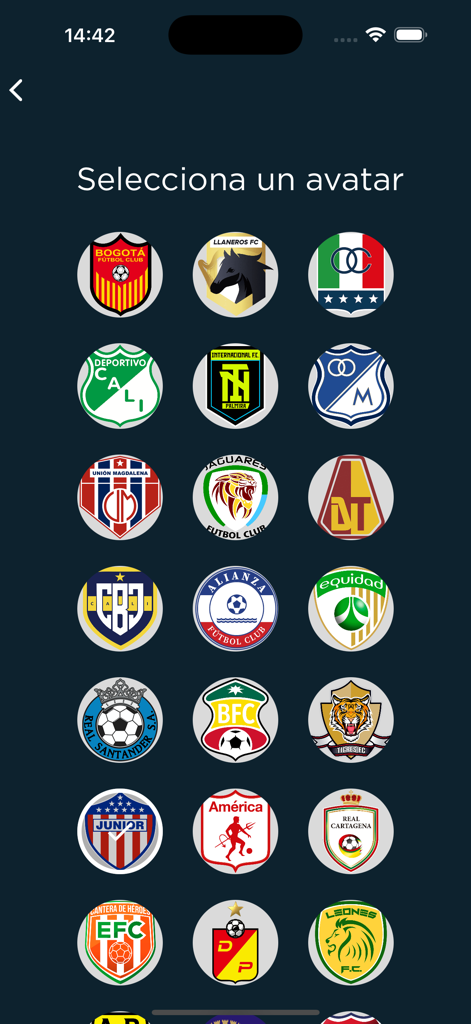 Interfaz de la aplicación Win Play mostrando una cuadrícula de logotipos de equipos de fútbol colombiano para la selección de avatar de usuario.