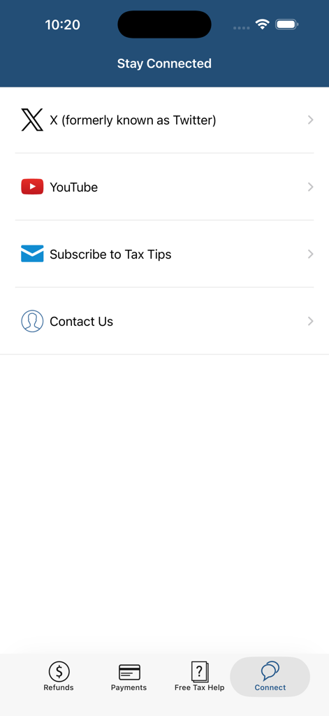 IRS2Goアプリの「つながりを保つ」画面。X、YouTube、税務のヒント、お問い合わせへのリンクが含まれています。