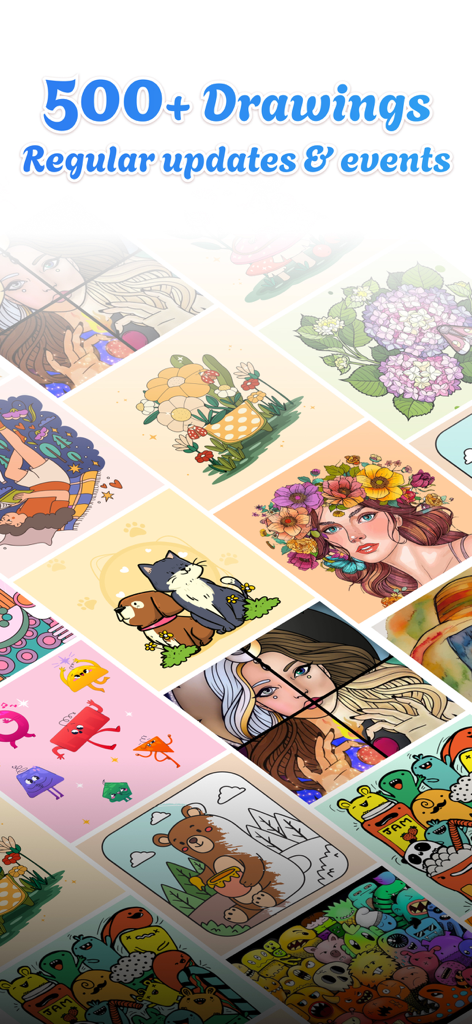 Corly: Color Picker Relax - 앱 갤러리에서 사용 가능한 다양한 다채로운 일러스트레이션 및 그림을 표시하는 그리드