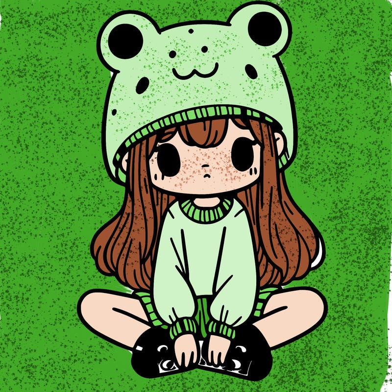 a girl wearing a frog hat and some frog socks